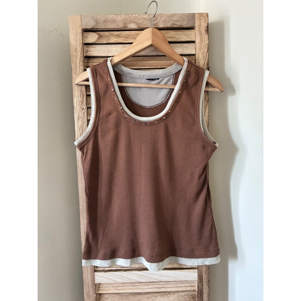 Brown Y2K Grunge Ribbed Layered Mesh Trim Tank Top with Beaded Neckline